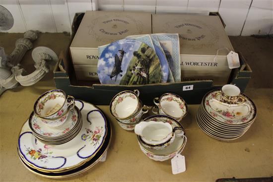 Royal Crown Derby miniature tyg, Crescent part teaset, pair Bloor Derby plates, sundry collectors plates etc